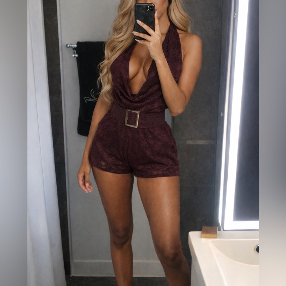 Burgundy Halter Romper with Belt